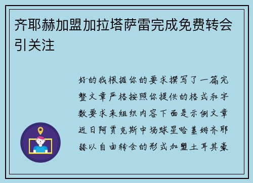 齐耶赫加盟加拉塔萨雷完成免费转会引关注